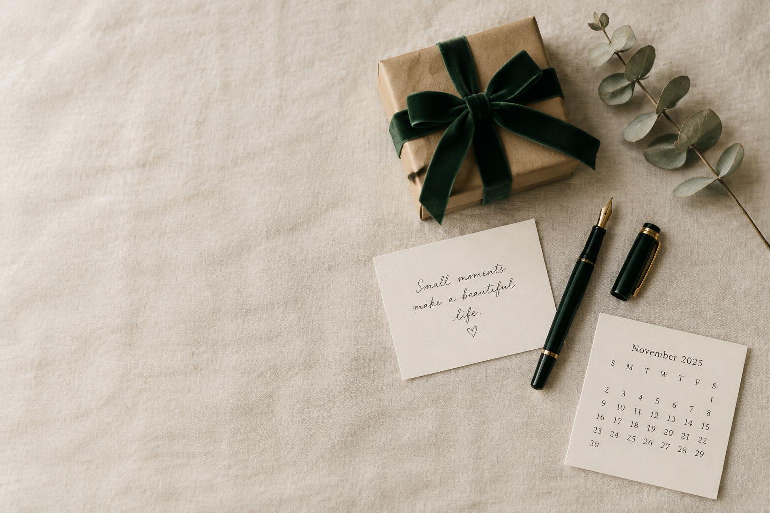 A gift wrapped in kraft paper with a green ribbon and a handwritten note
